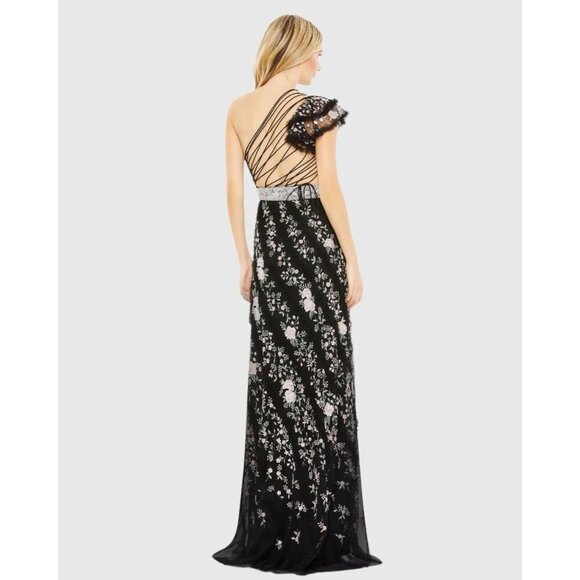 New Mac Duggal Size 4 Black Floral Embroidered Ruffle One Shoulder Lace Up Gown - Picture 4 of 11